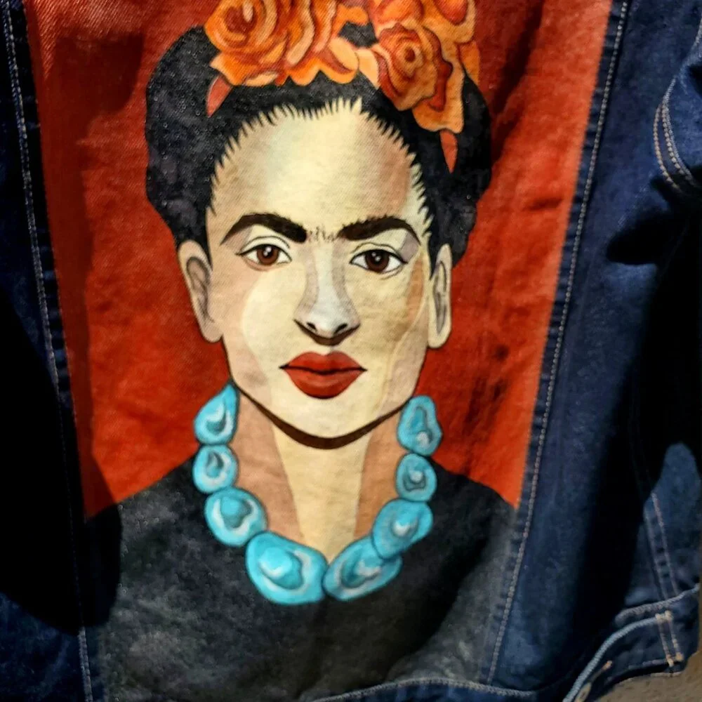 Frida Kahlo Y2K Portrait Denim Trucker Jacket Hand Painted Women L XL / Men M - Picture 9 of 16
